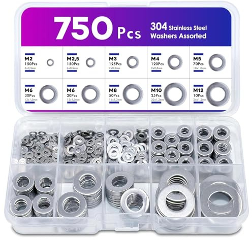 750 PCS Stainless Steel Washer, Washers for Screws Bolts, 9 Sizes Metal Washer Hardware Assortment Set M2 M2.5 M3 M4 M5 M6 M8 M10 M12-for Home Automotive Shop Factories Repair Construction