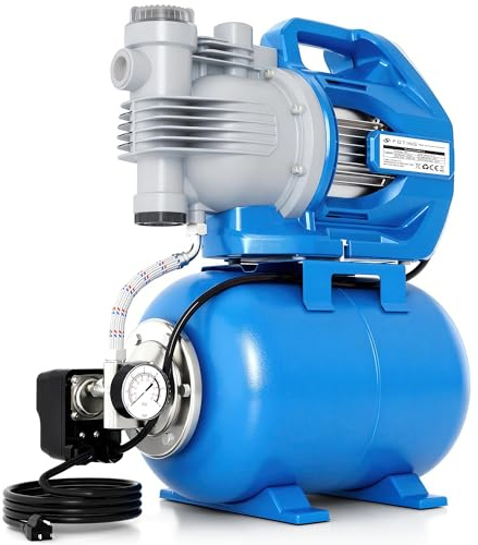 FOTING Hauswasserwerk 1300 W, Fördermenge 6500 l/h, Förderhöhe bis 55 m, max. 5,3 bar Druck mit Grob-Vorfilter & Manometer, 24 L Kessel, mit Sicherheitsschalter, Saughöhe bis 8 m für Haus & Garten