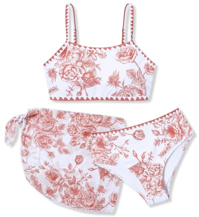 Kxuryueo Girls Swimsuit 3 Piece Bikini Set Bathing Suit with Wrap Skirt Swimwear Size 9 10 Brown