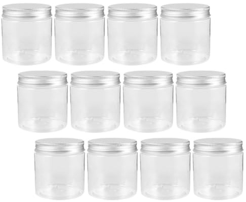 SHINEOFI Set de 12 Frascos de Vidrio Portátiles y Fáciles de Rellenar con Tapa Pequeños de 250ml, con Tapa de Aluminio Transparente para Almacenamiento Hogar