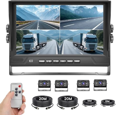 Realdio Kit 4 Telecamere Retromarcia 1080P AHD, DVR 9 Pollici | Quad View, IP68 Impermeabile, Visione Notturna, Vista Fronte Retro, 2 Cavi da 10 m e 2 da 20 m per Veicoli Lunghi
