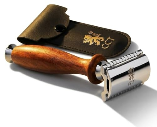 Cambridge Cutthroat Double Edge Safety Razor for Men - Missanda Hardwood Handle & Stainless Steel, Traditional Wet Shaving Razor with Travel Pouch, Beginner-Friendly (Blades Not Included)