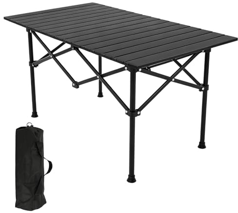 MIUUIPI Table de camping pliable portable en acier au carbone avec sac 95 x 56 x 50 cm, table de voyage avec plateau de table enroulable, table de camping pour pique-nique, jardin, randonnée, voyages