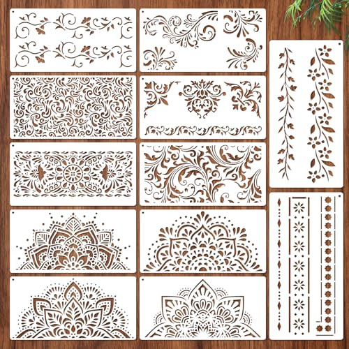 MWOOT 12 Pezzi Stencil Bordi e Angoli Floreali, Large Mandala Stencil Grandi, Modelli Riutilizzabili in Plastica per Pittura, Decorazioni Murali, Mobili e Legno, 30x15 CM