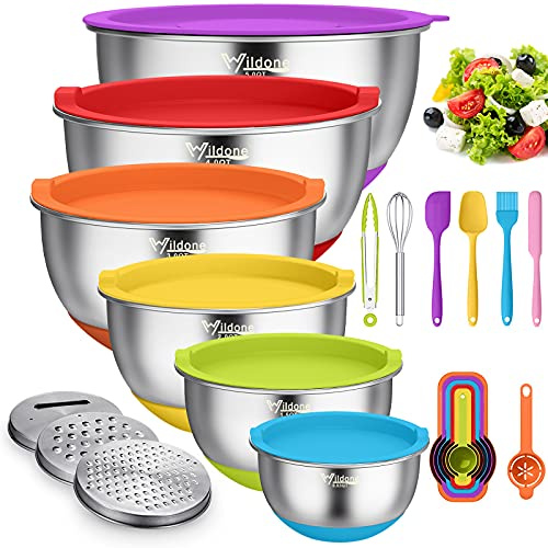 Wildone Rührschüsseln mit luftdichten Deckeln, 22 Stück Edelstahl-Metallschüsseln mit 3 Reiben-Attacments, Messmarkierungen und rutschfester Unterseite, 0.63 QT, ideal zum Mixen und Servieren
