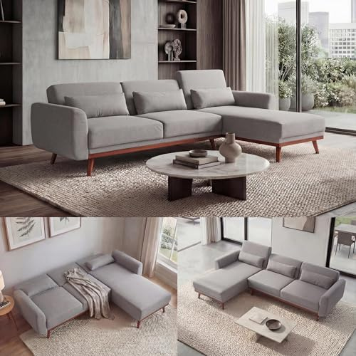 Mendler Sofa HWC-J20 280cm Stoff/Textil Schlaffunktion - grau | Couch, Ecksofa, L-Form, 3-Sitzer, Liegefläche