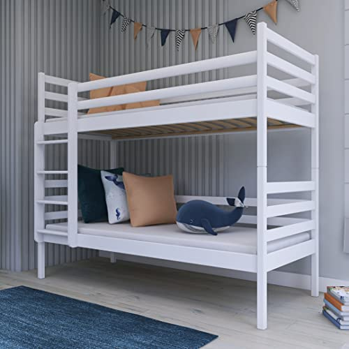 Kids Collective Hochbett 90x200 Etagenbett mit Rausfallschutz und Lattenrost, umbaubar in Zwei Kinderbetten, aus Vollholz massiv in weiß, Funktionsbett | von 4. bis 18. Lebensjahr