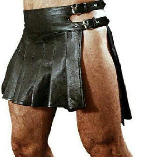 Rising Bloom Mens Gladiator Real Black Leather Kilt Utility Sport Kilt Sexy Gay Clubwear LARP(as8, Waist, Numeric_32, Regular, Regular)