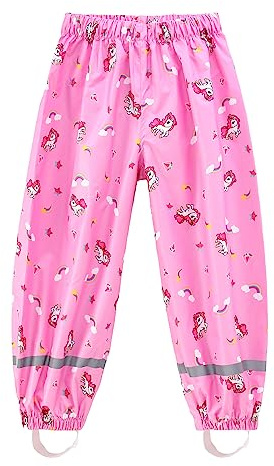 Fewlby Waterproof Trousers Kids, Rain Trousers Girls Wind and Mud Proof Pants with Reflective Strips Lightweight Cartoon Unicorn Rain Wear for Outdoor Play, L Size 5-6 Years Pink