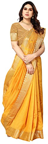 Sidhidata Assam Sari en soie pour femme avec chemisier non cousu (Assam Silk), doré, taille unique