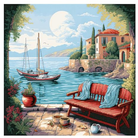 cukol cukol Kit Punto Croce Paesaggio Costiero, Schemi Quadri Set Ricamo Punto Croce Kit da Ricamare Principianti Starter Prestampato Stampato Completo Bambini Cross Stitch Embroidery Ricami 40x40 cm