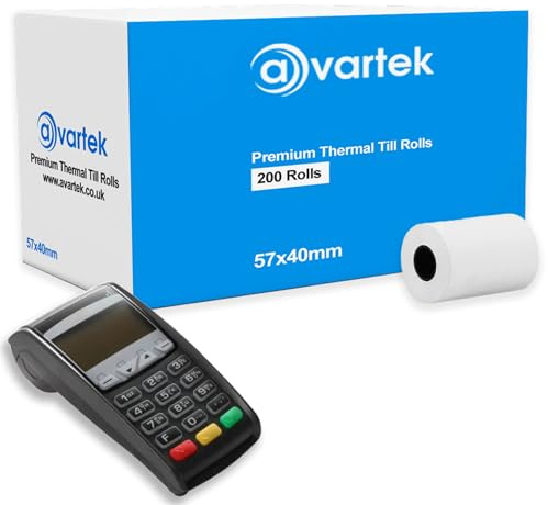 Lot de 200 rouleaux de papier thermique de qualité supérieure pour cartes de crédit PDQ, POS, EPOS, machines à cartes, Barclaycard, Verifone, Ingenico, Sagem, Spire, Pax, Worldpay - 57 x 40 mm AVARTEK