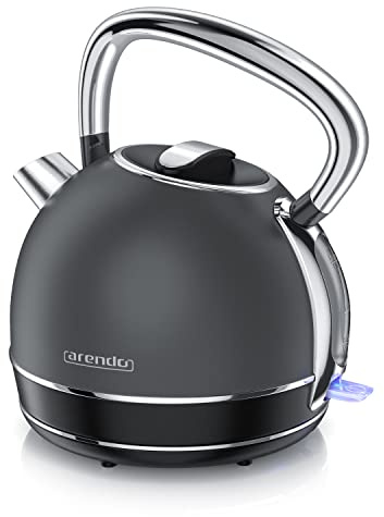 arendo - Bouilloire électrique en Acier Inoxydable - 1,7 Litre - 2200 W - Style Vintage rétro - Filtre anticalcaire Amovible Interchangeable - Interrupteur d'alimentation LED Bleue -Cool Grey