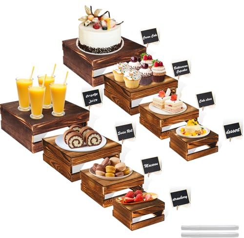8 Pcs Buffet Risers with Mini Signs, Rustic Wood Cake Stands, Food Risers for Buffet Table, Dessert Display Stand, Wood Crates, Rustic Cake Stand for Party, Wedding, Birthday, Baby Shower, 4 Sizes