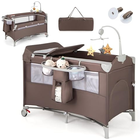 RELAX4LIFE 5 en 1 Cuna Infantil Bebe con 2 Ruedas Bloqueables, Cambiador, Correa Fijación, Caja de Música y 3 Juguetes Colgantes, Cuna con Colchón y Bolsa de Transporte para Bebés 0-36 Meses (Café)