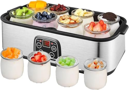 Machine À Yaourt 1400ML, Yaourtière Automatique Portable Avec 8 Pots En Verre De 180ml, Yaourt Fait Maison En Acier Inoxydable, Affichage LED, 30W