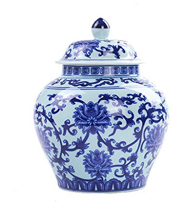 Vase en céramique, Vase en Forme de Casque en Porcelaine Bleue et Blanche de Style Chinois Ancien, Pot d'exposition de Temple en Forme de Casque en Porcelaine de Lotus