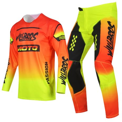 Willbros Youth Moto Gear Set Pant and Jersey Combo for Kids MX Motocross Children Racing Suit Offroad MTB Motorcycle Boys Girls Orange Yellow YM