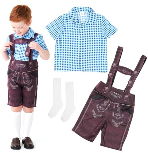 Trachtenset Kinder, Trachtenhemd Jungen, Oktoberfest Kostüm Set Jungen, Lederhose Kinder, TrachtenlederhosenFestliche, mit Trachtenhemd und Trachtensocken, Kleidung Bayerlsches für Bierfest, Volksfest