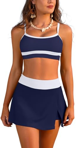 SHEKINI Women High Waisted Bikini Sets Two Piece Swimsuit Sporty Bathing Suit with Skirts Color Block Swimwear, Navy Blue, Large