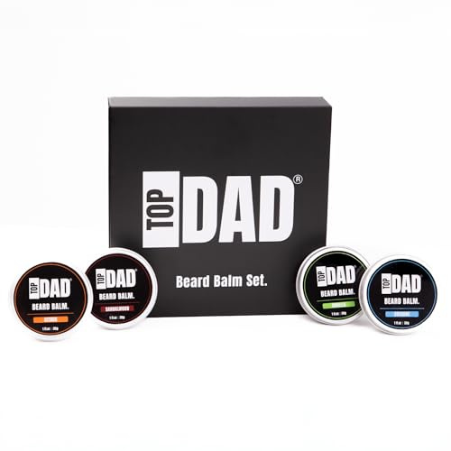 Top Dad 4-in-1 Premium Beard Balm Set for All Beard Types – Citrus, Vanilla, Cologne & Sandalwood – Natural Beard Care & Styling Balm Kit for Conditioning & Grooming