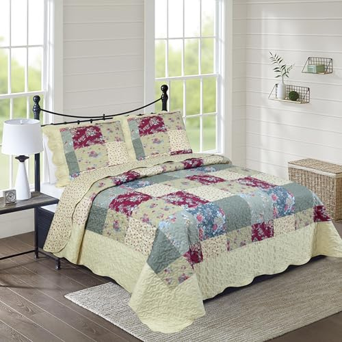 VIBELL Couvre-lit Matelassé Patchwork, 230x250 cm, Ensemble 3 Pièces avec 65cmx65cm Taies d'oreiller, Style Cottage, Bordeaux et Vert Sauge