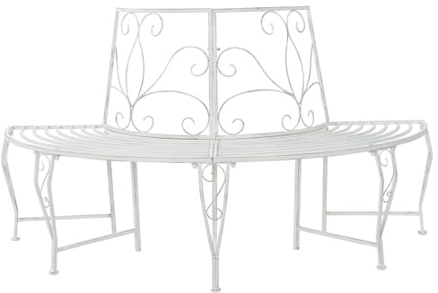 Foknhdi Banc d'arbre semi-circulaire en acier, banc de jardin 4 places pour extérieur, banc décoratif en métal autour du tronc d'arbre avec dossier floral, blanc antique, 160 x 80 x 89 cm