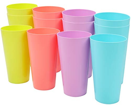 BELLE VOUS 12 Pack Coloured Plastic Cups - 600ml/20 fl oz - Reusable Drinking Tumblers in 4 Colours - Hard Plastic Drinkware for Parties, Camping, BBQs, Picnics & Beach - Dishwasher Safe & BPA Free