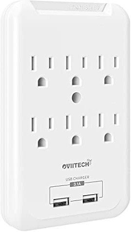 OviiTech Multi-Function Wall Mount Adapter, Surge Protector Charging Station, Dual 3.1AMP USB Charging Ports,6 AC Socket Outlet Plugs,White