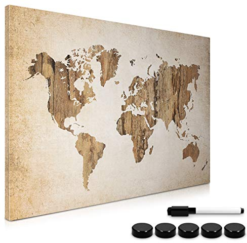 Navaris Magnettafel Magnetpinnwand Memoboard zum Beschriften - 60x40 cm Notiztafel World Map Vintage Design - Tafel abwaschbar mit Halterung Magneten Stift