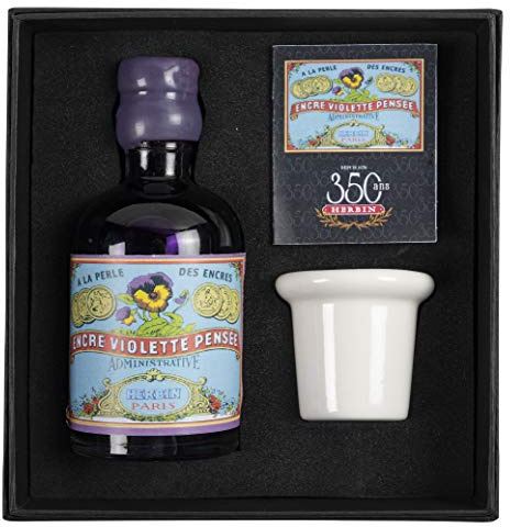 Jacques Herbin 27977T - Un coffret encrier spécial 350 ans comprenant un encrier en porcelaine, une notice et un flacon d'encre 100 ml couleur Violette pensée