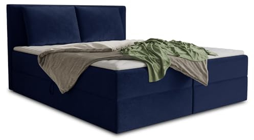 Sofnet Boxspringbett Egro mit 2 Bettkästen und Zwei große Kissen - Doppelbett mit Bonell-Matratze und Topper, Polsterbett, Bett, Bettgestell Schlafzimmer (Dunkelblau (Kronos 09), 140 x 200 cm)