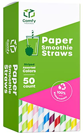 Comfy Package [50 Count] 10 mm Jumbo Paper Smoothie & Boba Straws - Biodegradable Paper Straws for Milkshakes, Smoothies & Bubble Tea, Assorted Colors