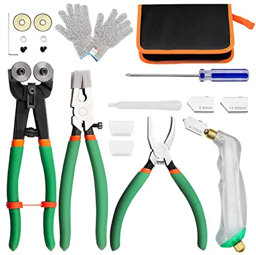 SPEEDWOX Glasschneidewerkzeug-Set beinhaltet Glaslaufzange, Breaker Grozer Zange, Mosaikzange mit Ersatzrad, Pistolengriff-Glasschneider-Set, schnittfeste Handschuhe, Leder-Reißverschlusstasche