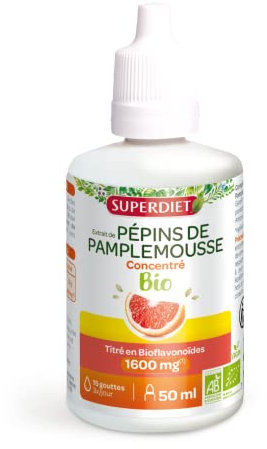 SUPERDIET- EXTRAIT DE PÉPINS DE PAMPLEMOUSSE BIO- Titré en flavonoïdes à 1600MG -Vitalité- Sans alcool - Flacon compte-goutte de 50 ml