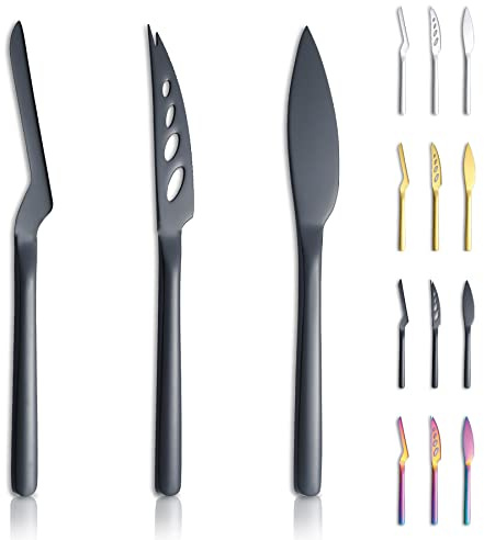 Kyraton Black Cheese Knife Set of 3, Ergonomic Design Titanium Black Plated Cheese Slicer, Butter Knife Spreader, Cheese Cutter, Cheese Knives for All Type of Cheese