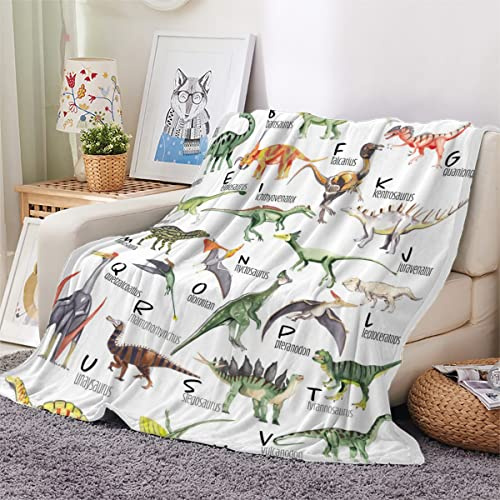 Dinosaurier Kuscheldecke 150x200 cm Flanell Decke Extra Weich Flauschige Wohndecke Dinosaurier-Alphabet mit Muster Blanket Fleecedecke Waschbar Microfaser Sofadecke Couchdecke bettüberwurf
