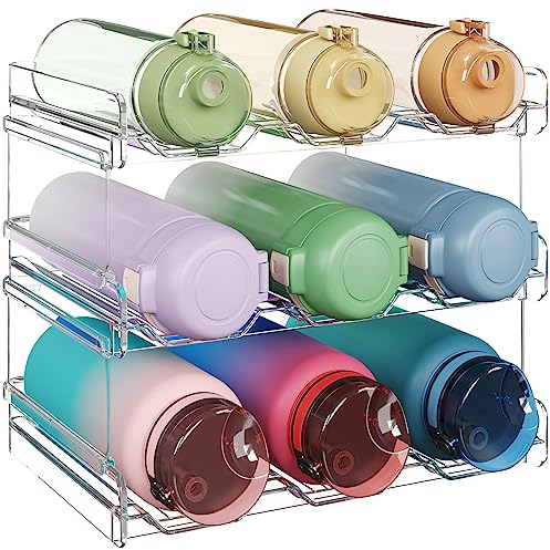 Lifewit Stackable Water Bottle Organiser for Cupboard, Freezer, Pantry - Plastic Bottle Holder Wine Rack for Kitchen Countertop Storage, Cupboard, Office - Pack of 3, Each Rack Holds 3 Containers