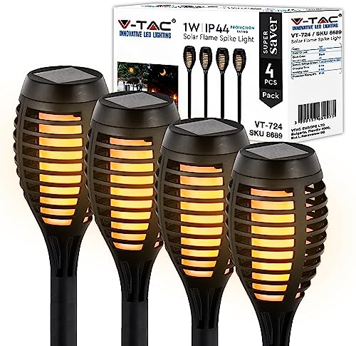 V-TAC Lampade Solari da Giardino - Torce LED con Pannello Solare - 4 Unità - Torcia LED con Effetto Fiamma Giardino, Cortile, Vialetto, Prato dio Casa - Con Interruttore ON-OFF - Luce 2200K
