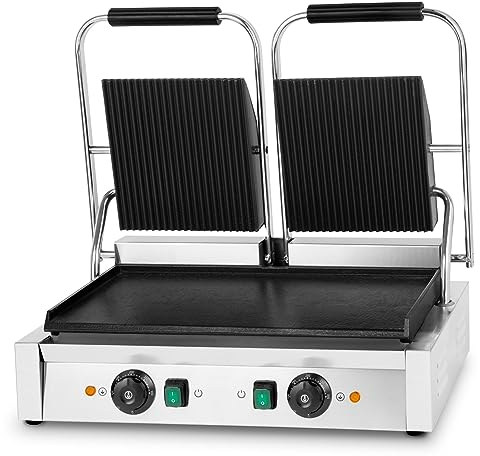 VERTES Griglia Elettrica Doppia in Ghisa piatta/scanalata, 3600W Piastra elettrica per cucinare Panini, Carne, Bistecchiera elettrica con Corpo in Acciacio Inox, Regolabile da 0-300°C, Antiaderente