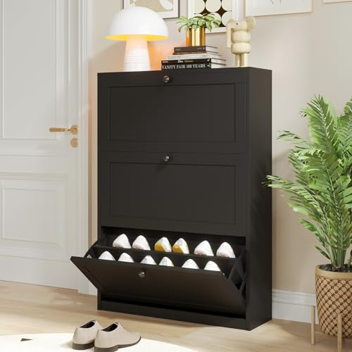 VOWNER Meuble Chaussures, Meuble de Rangement à Chaussures Armoire, Commode à Chaussures, Meuble d'entrée Rangement pour Chaussures, 80 x 117 x 24 cm, Séparateurs Réglables, pour Entrée (Noir)