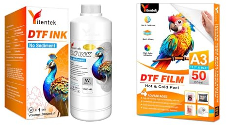 Yitentek DTF Ink & Film Set - 1000ML No Sediment White DTF Transfer Ink for PET Film DTF Transfer Film A3 (11.7 x 16.5) 50 Sheets, Double Sided Matte Clear PreTreat Sheets