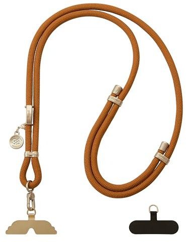 GOODAYY Mobile Phone Lanyard, Adjustable Phone Strap Crossbody with 1 Metal and 1 Nylon Durable Patch, Universal Phone Lanyard for Neck Wrist Outdoor Phone Accessories (Pale Gold Metal, Brown)