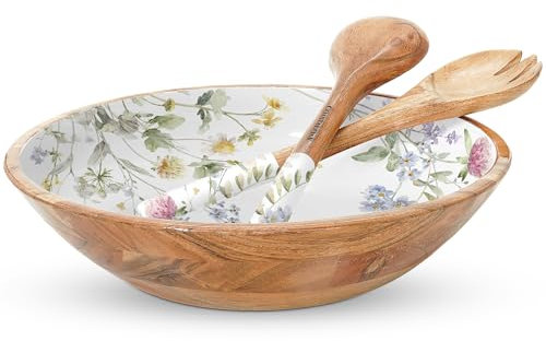 Kustnära ek stor salladsskål i trä – premium 33 cm (13 tum) akacia träsalladsskål med serveringsbestick – dekorativ träskål med gaffel och sked – fruktskål – serveringsskålar för underhållning (vild