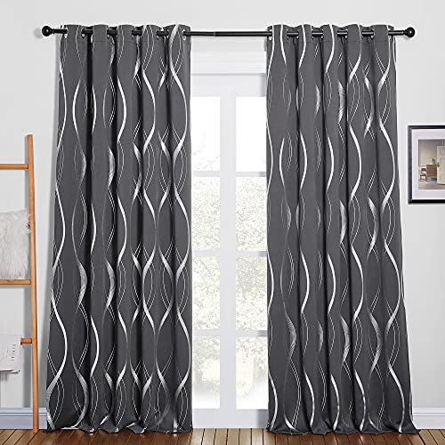 PONY DANCE Blackout Curtains, Grey, W90 x L90 Inch, Silver Wave Line Foil Printed, Thermal Insulated, Eyelet, for Baby Nursery, Bedroom, Living Room, 2 Panels