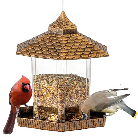 Hadeeka Mangiatoia per uccelli da giardino per piccoli uccelli, a prova di scoiattolo, contiene 0,8 kg di semi di mangime, si blocca da palo, supporto, albero per attirare cardinali, warblers, storni