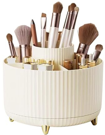 Amusingtao 360° Rotating Makeup Organiser, Makeup Brush Holder with 5 Compartments for Cosmetics Perfume Jewellery, Dressing Table Bedroom Bathroom Office Stationery Storage(COLOR:Beige)