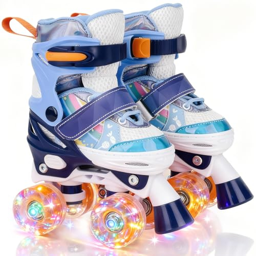 HISULIV Roller Skates for Kids Ages 5 6 8 12 Year Old 4 Size Adjustable Quad Roller Skates for Girls Boys Toddler with Light Up Wheels Best Children Gift for Beginners Indoor Outdoor Sports Blue
