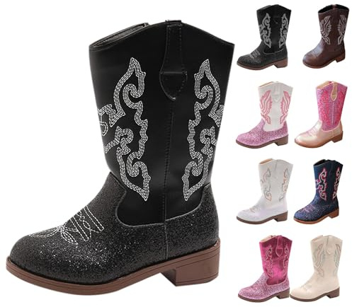 Stivali alti al ginocchio da cowboy per ragazze stivali da equitazione per bambini glitter Y2K in pelle lunga stivali da ballo punta rotonda tacco scarpe invernali per Natale, festival, carnevale