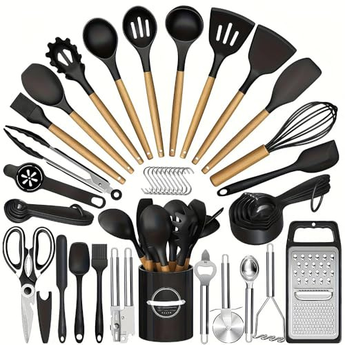 BEOSIOR Kitchen Utensils Set - 44PCS Silicone Cooking Utensils with Holder, Heat Resistant, Nonstick Cookware Tongs Spatula Spoon Set, Wooden Handles Kitchen Tools & Gadgets (Black)